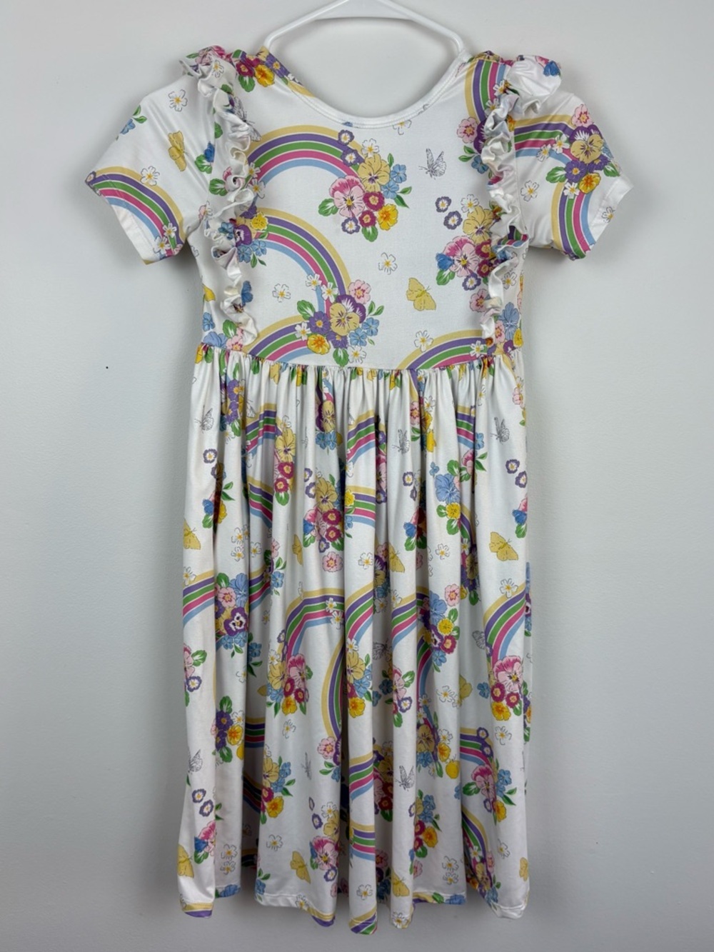 Mila & Rose White Rainbow & Floral Ruffle Sleeve Dress size 9-10 Like New